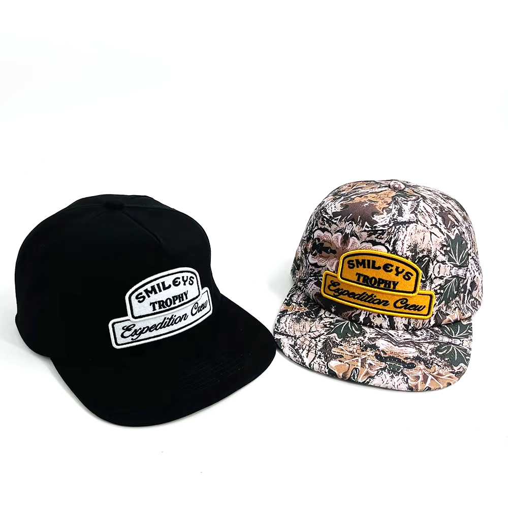 Unstructured Camouflage Snapback Hat Custom Embroidery Patch Camo 5 Panel Adjustable Cap