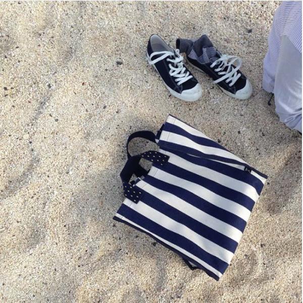 Large-Capacity Stripe Canvas Handbag Women Bag  Simple Supermarket Green Shopping Bags