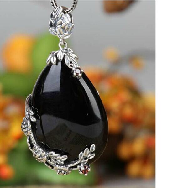 Vintage Jewelry 925 Silver Marcasite Drop Black Agate Pendant Necklace 18 Inches(LN001BLACK)