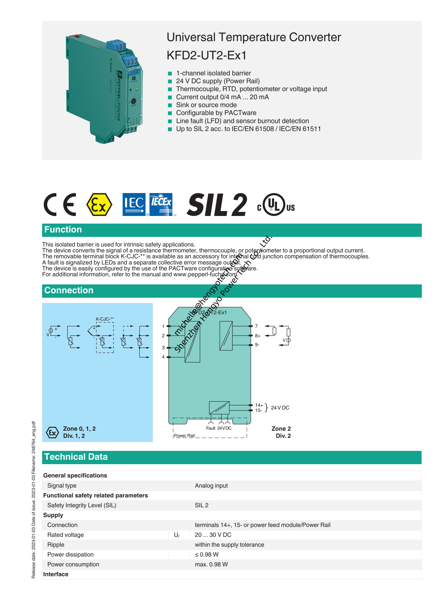Pepperl+Fuchs Safety Barrier KFD2-UT2-EX1 1 Channel Isolated Barrier Zener Barrier Isolator