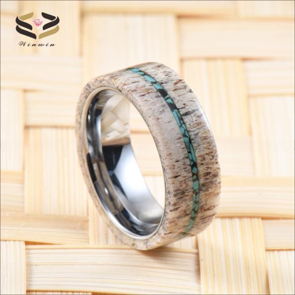 Men'S Wedding Tungsten Antler Ring 8mm With Turquoise Inlay Geometric Pattern
