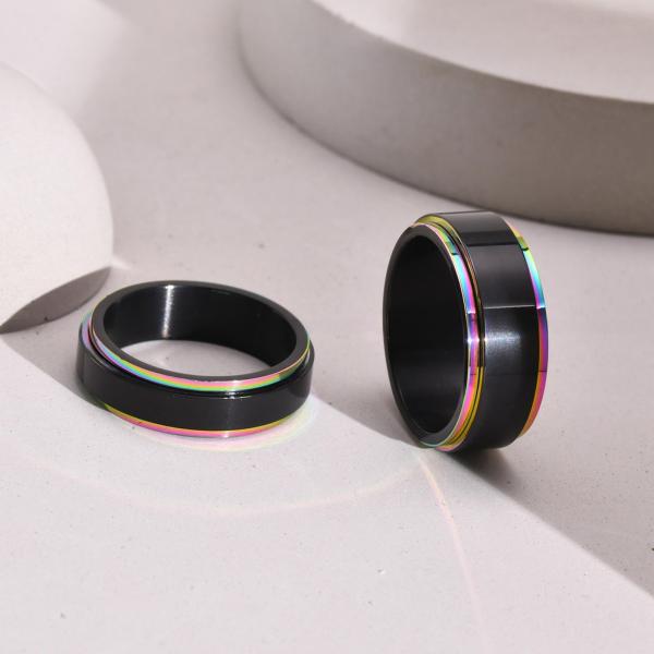 Black Rainbow Stainless Steel Worry Stress Relieve Ring Band Set With Channel Setting