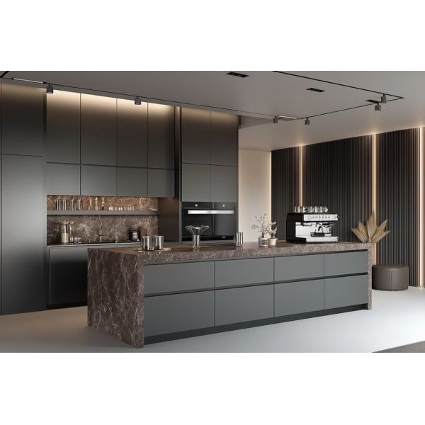 Dark Matte Grey Full Handleless Integrated Sintered Stone Kitchen Island Cabinet