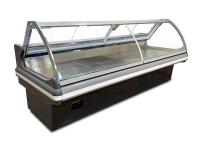 O supermercado fino da loja do açougue indica a mostra do refrigerador da exposição da carne do refrigerador com a porta deslizante traseira