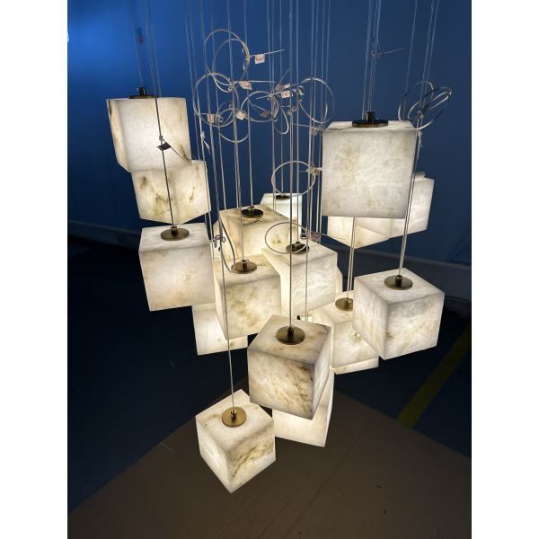Customized Modern Luxury Square LED Brass Chandelier with Large Alabaster Pendant Adjustable Height for Living Room