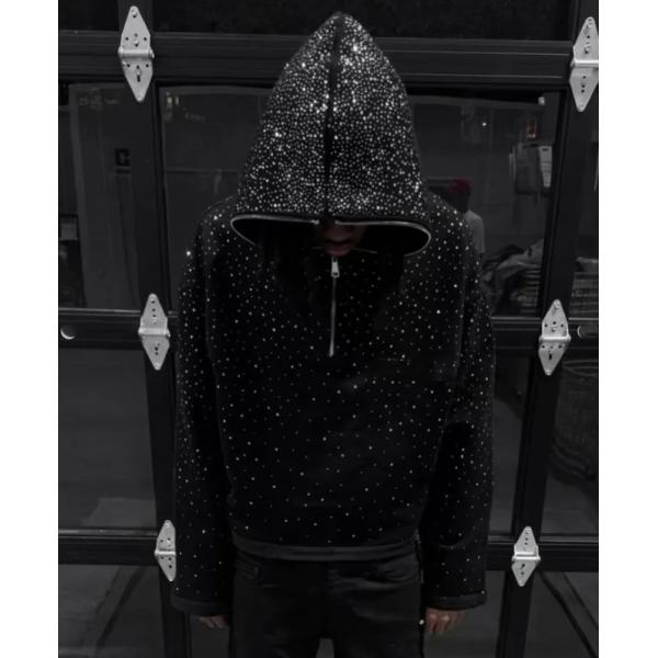 Streetwear custom 380 500gsm men's french terry fleece all over print rhinestone boxy cropped full face half zip up hoodie men