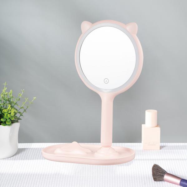 Compact Plastic Led Light Makeup Mirror With Animal Ears And Jewelry Tray