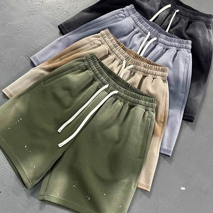 Washed Drawstring Knee Length Shorts Gradient Cotton Blend Stretch Shorts Vintage