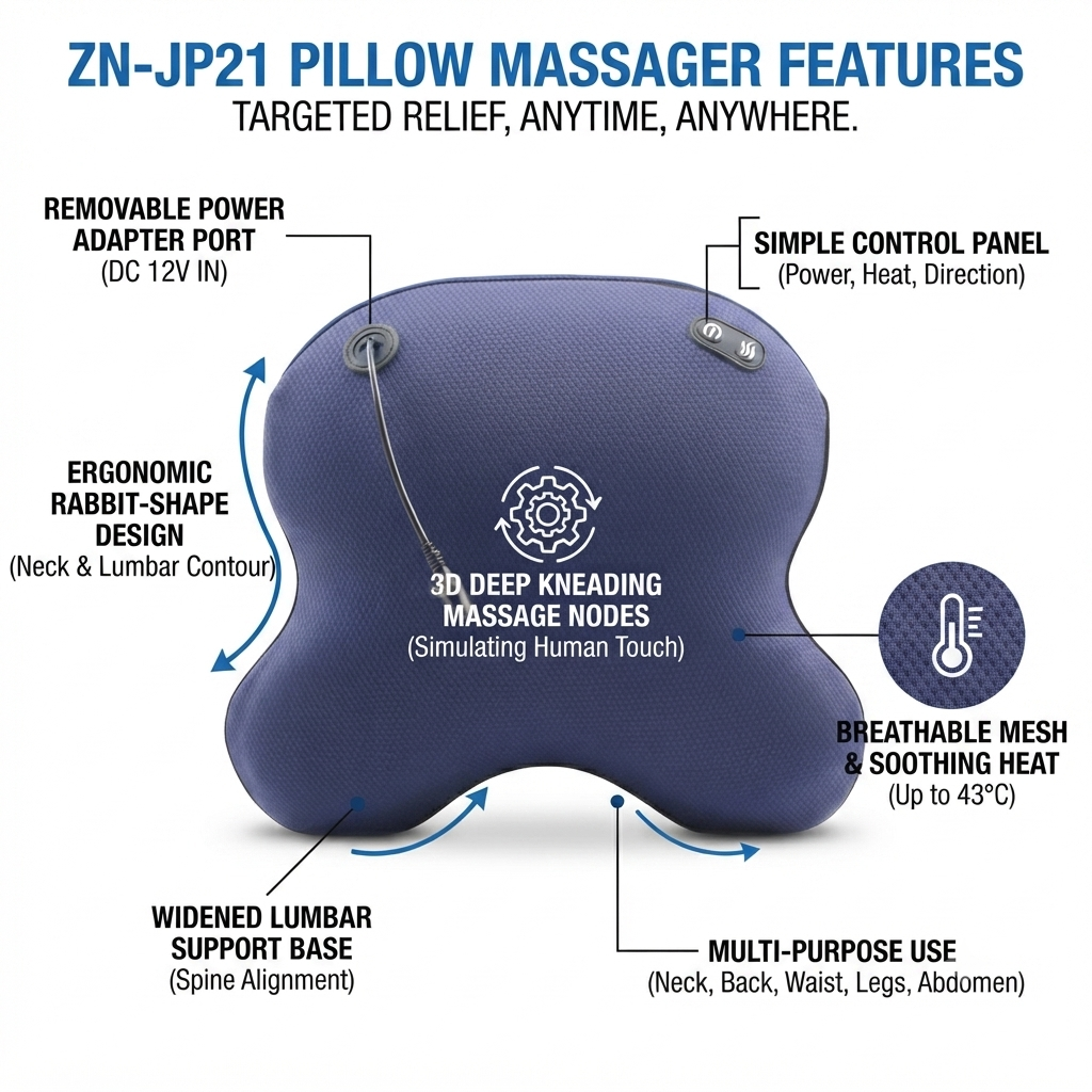 ZN-JP21 Ergonomic Rabbit-Shaped Pillow Massager with 3D Kneading and Soothing Heat for Neck, Back, and Waist Relief