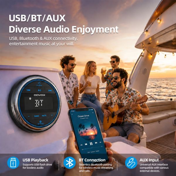 High-Power 4X50W Marine Stereo Radio Player for Outdoor Yacht Off-Road Vehicle Sightseeing Bus with USB & AUX