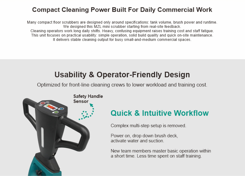Compact Walk-Behind Floor Scrubber Dual 250MM Brushes 80 Mins Runtime