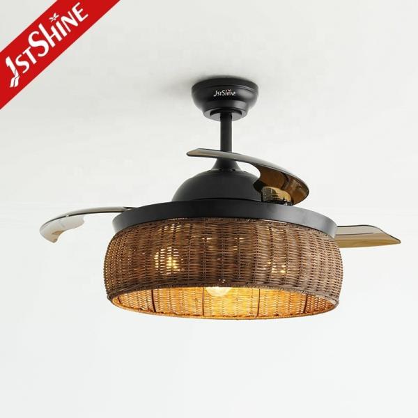 Smart Control Design Rústico Ventilador de Tecto de Rattan com Lâmina Retrátil e Kit de Luz