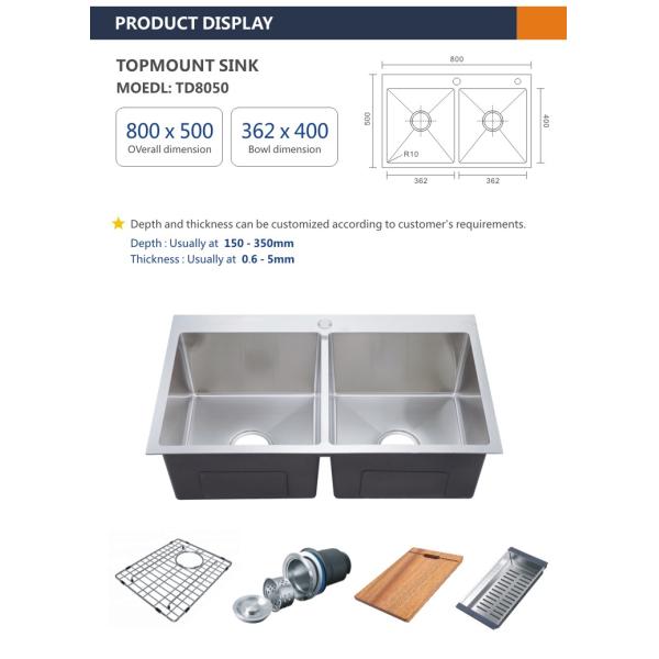 Rectangular 16 Gauge Top Mount Double Bowl Stainless Steel Kitchen Sinks 80x50