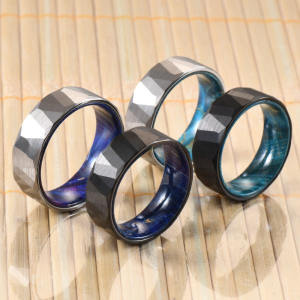Sample Making Service 8mm Wedding Rings Box Elder Wood Colourful Hammered Black Faceted Tungsten Carbide Ring