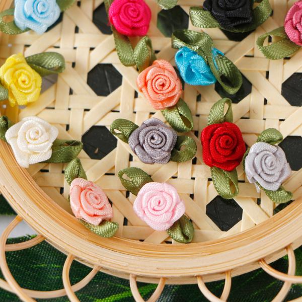 MSD Mini Ribbon Roses Artificial Fabric Flowers with Green Leaves Mixed Color Rosettes for Garment Decoration