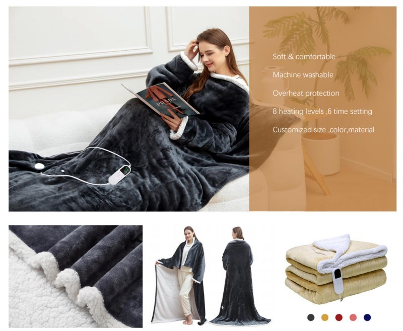 Customized Wearable Electric Heated Throw Blanket with Foot Pocket and Sleeves