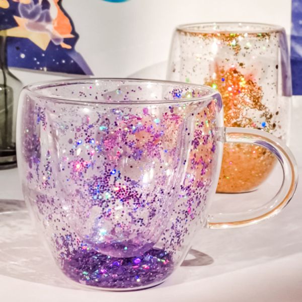 Colorful Double Wall Glass Mug Heart Shape Coffee Mugs With Glitter Custom Packing