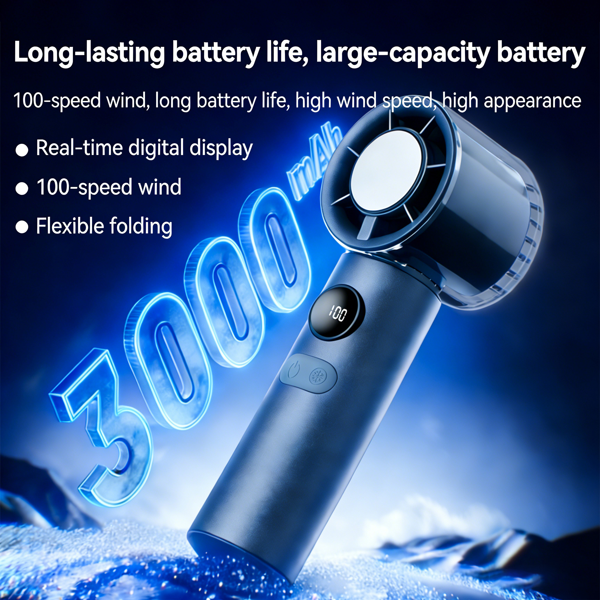 Portable USB Rechargeable 3000mAh Handheld Bladeless High-Speed Cooling Fan LED Display for Home Car & Outdoor Made of Plastic