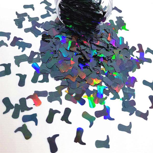 Wedding Decoration Polyester Holographic Black Cowboy Boots Glitter Shape for Craft Occasion