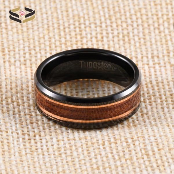 8mm Rose Gold Line and Rosewood Inlay Black Tungsten Carbide Men's Wedding Ring with Third Party Appraisal Certificate