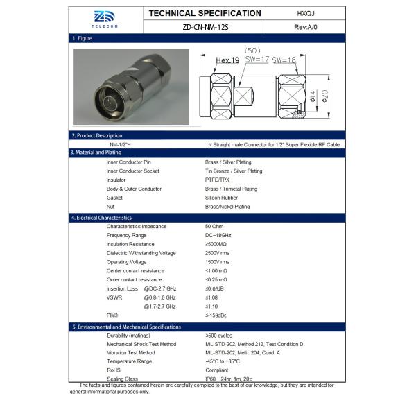 Factory Price RF Coaxial connector N male for 1/2