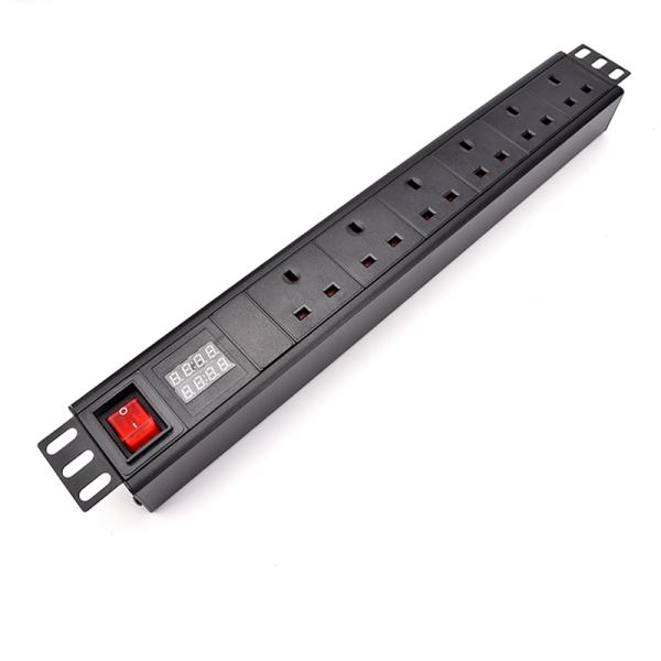 6 Way UK Type PDU Extension Socket With On/Off Switch, Power Meter