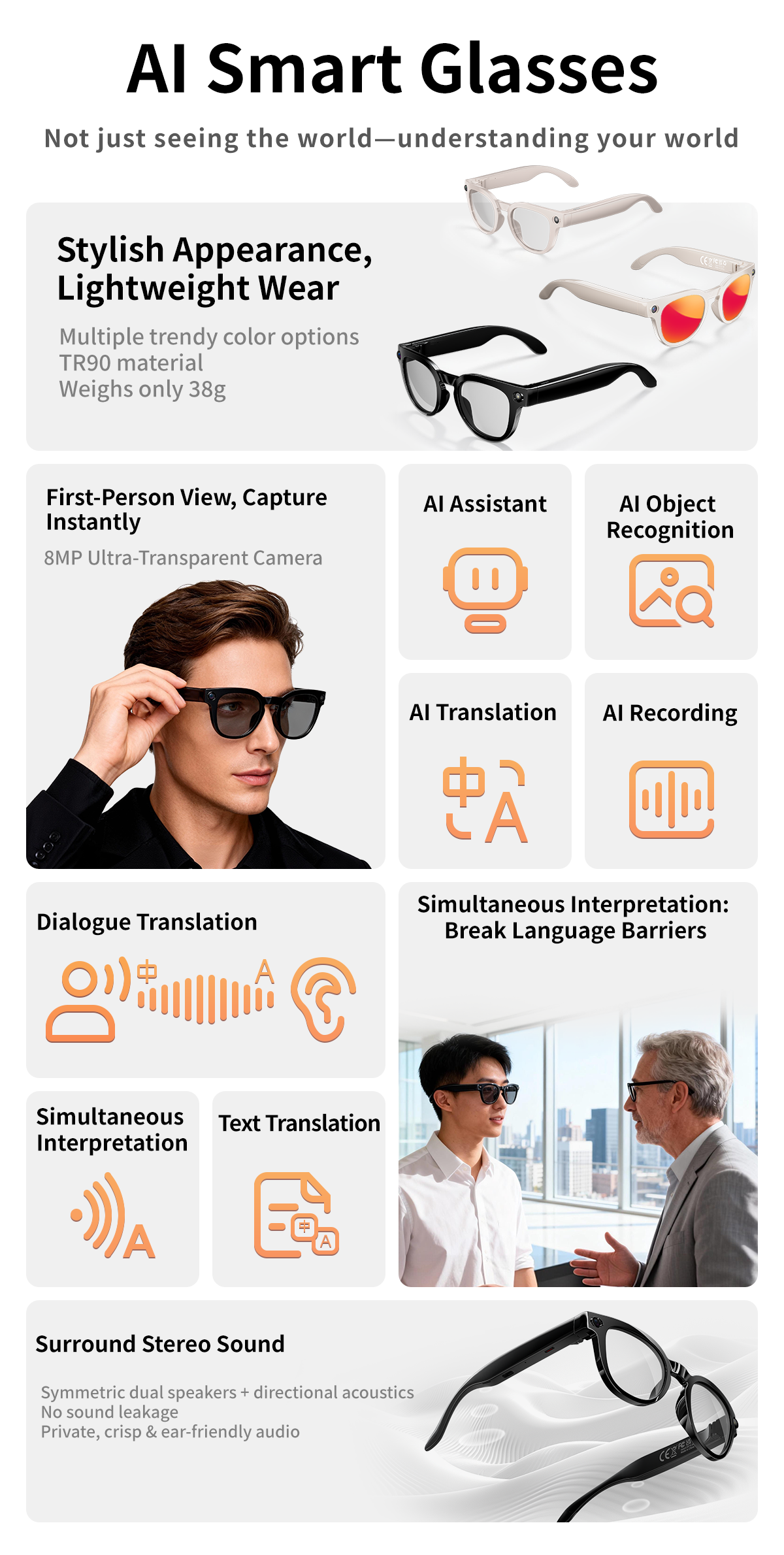 2026 AI Smart Glasses Real-Time Translation 1080P Video Capture PC+ABS Material Ultra Light Magnetic Charging IP67 Waterproof