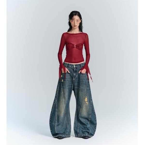Streetwear Fashion Y2K Style Wide Straight Leg Fit Denim Jeans with Hole Decoration