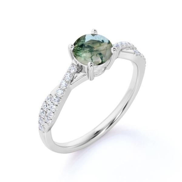 Round Natural Druzy Moss Green Agate And Moissanite Pave Twisted Infinity Engagement Ring