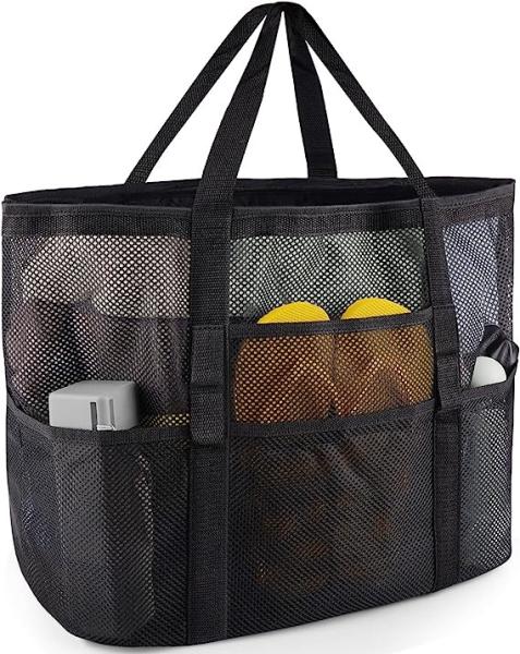 Mesh Beach Bag, Extra Large Beach Bags with 9 Pockets & Zipper Waterproof Lightweight Beach Tote for Beach/Pool Trip