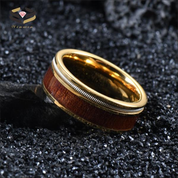 Anillo de carburo de tungsteno dorado plano para hombre con incrustaciones de madera de Koa y cuerda de guitarra de 8 mm para fiesta