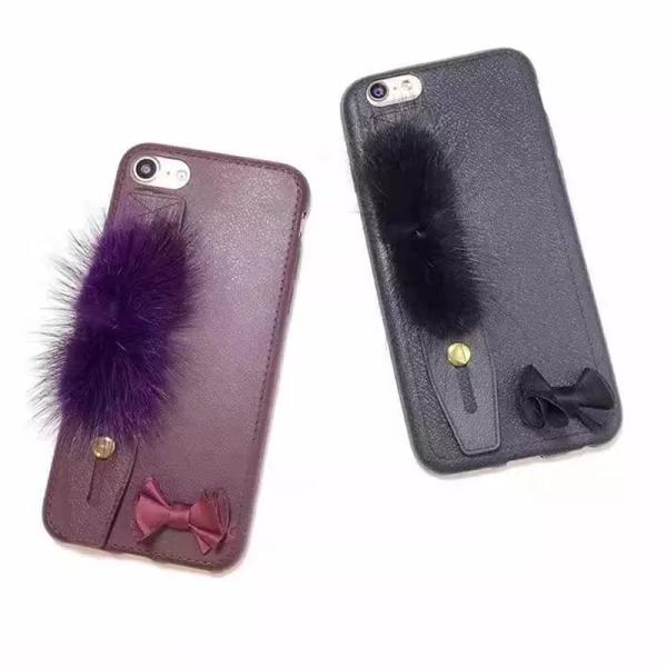 PU Leather Natural Water Mink Hair Back Band Bow Pasted Cover Cell Phone Case For iPhone 7 6s Plus