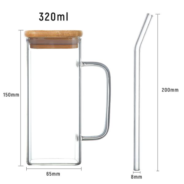 Sustainable 350ml Clear Glassware Drinkware Iced Coffee Tea Mug with Lid and Straw Handle