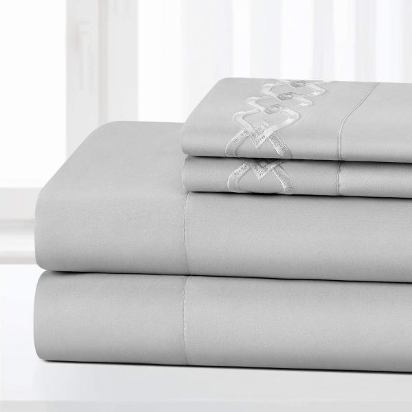 90gsm Embroidered Sheets Set Solid Pattern Extra Soft Wrinkle and Fade Resistant 4PCS