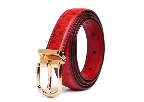 Red 125cm Womens Ostrich Leather Belt With Gold Buckle