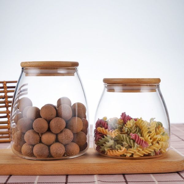 Transparent Bamboo Lid Glass Storage Jar Customized Size Kitchen Glass Canister