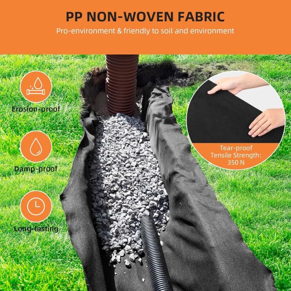 Geotextile Landscape, 4ft X 50ft & 6oz Geotextile Fabric, PP Drainage 350N Tensile Strength & 440N Load Capacity, For Driveway & Road Stabilizationr, Erosion Control, French Drains