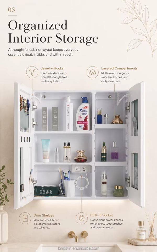 Kingstin Customizable Aluminum LED Mirror Cabinet with 3 Color Lighting and Interior Storage for Modern Bathrooms | 8+ Years
