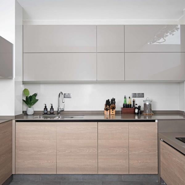 Custom Small Glossy Grey And Wood Grain Kitchen Cabinet Melamine Board Kitchenette
