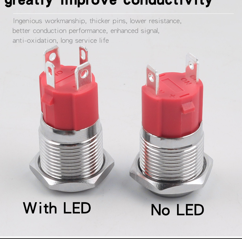 10A 16MM Stainless Steel Push Button Switch with LED Power Indicator Latching Momentary 1NO 4pin Flat/High Head IP65 for 220V