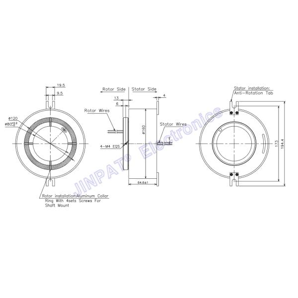 LPT080 Through Hole Slip Ring 80mm 300rpm Precious Metal Contacts