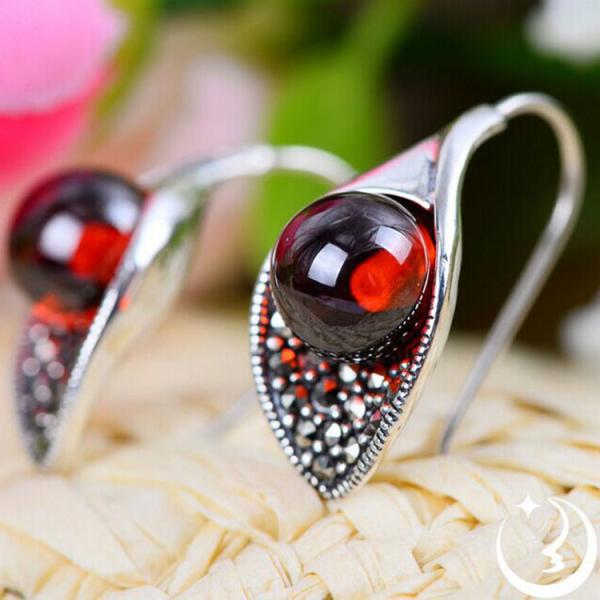 Thai Vintage Sterling Silver 10mm Round Red Garnet Hoop Earrings (E11061RED)