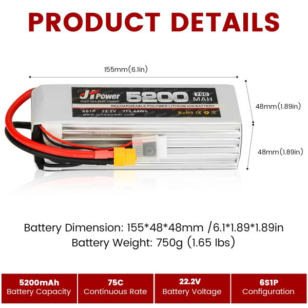75C FPV Drone Battery 22.2V 6S 5200mah Lipo Battery For Racing Drones