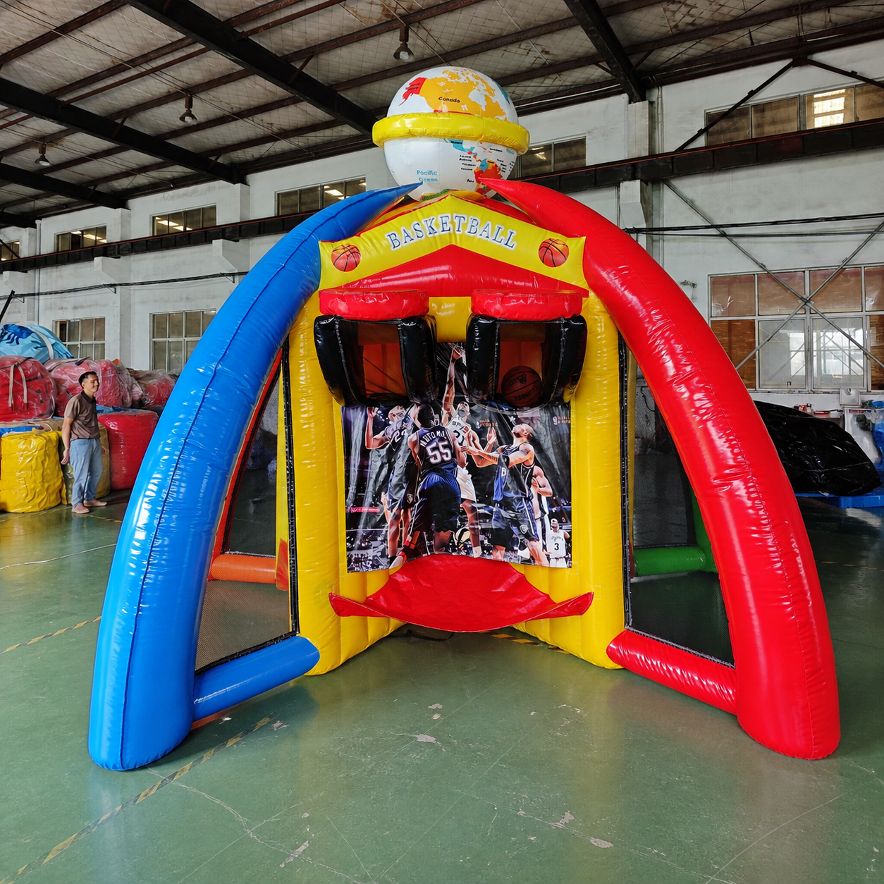 Commercial Five-in-One Inflatable Multi-Sport Challenge Station with Basketball Target Games and Reinforced Frame for Events