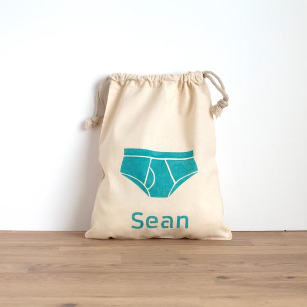Underwear bag - hand printed customised text in blue on cotton bag - personalised briefs b