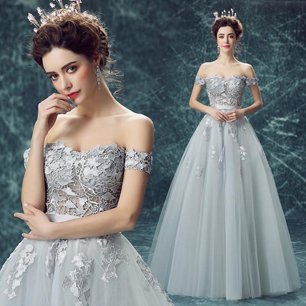 Sexy Off The Shoulder Boat Neck Gray Lace Slim Waist Gorgeous Evening Dress TSJY092