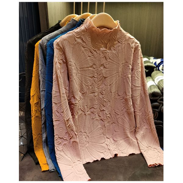 Japanese Pleated Stand Collar Long Sleeve T-shirt Top Printed Pleated Embodying Pleated Process Makes Flower Fashionable
