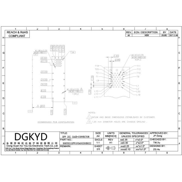 Бронза светомассы соединителя 15U толщины 0.25mm RJ45 SFP клетки DGKYD21SFP1N3A00200B022 2*1