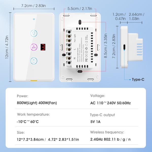 Tuya WiFi Fan Light Switch Type C with Timer and Voice Control, Compatible with Alexa and Google Home for Smart Home Automation