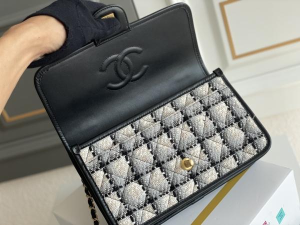 Classic 2WAY Chanel Medium Flap Bag Messenger Black White Plaid Wool